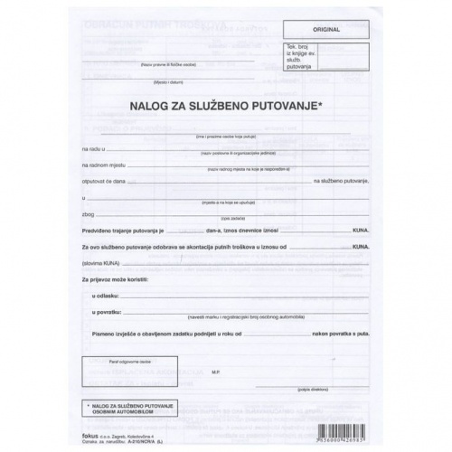 Obrazac A-210/NCR/A putni nalog (sa stanjem brojila)
