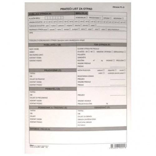 Obrazac A-824 prateći list za otpad PL-0