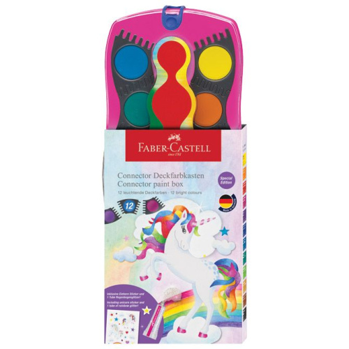 Vodene boje fi 24mm 12boja+glitter Connector Unicorn Faber Castell 125002 roza kutija