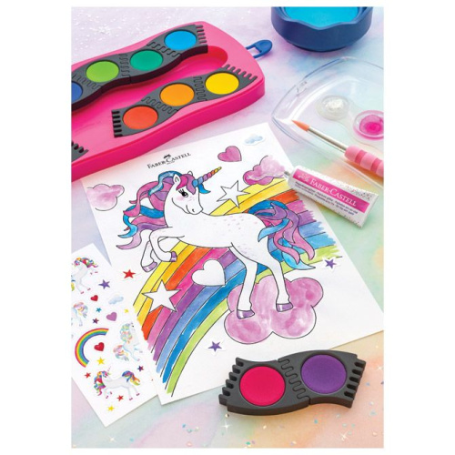 Vodene boje fi 24mm 12boja+glitter Connector Unicorn Faber Castell 125002 roza kutija
