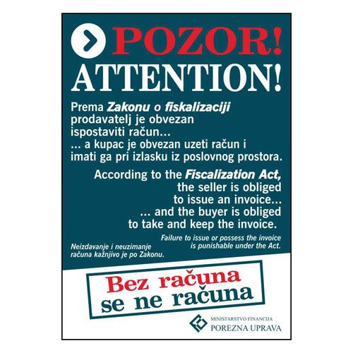 Naljepnica Pozor bez računa se ne računa - fiskalizacija